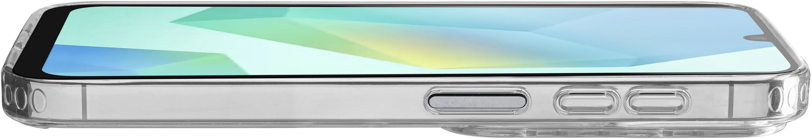 Custodia trasparente per telefono con sfondo colorato e pulsanti argentati.