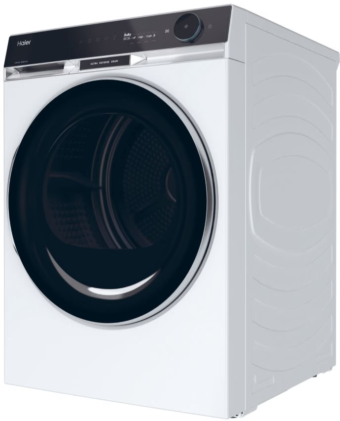 Eine weiße Haier Waschmaschine mit schwarzem Bedienfeld und runder Tür.
