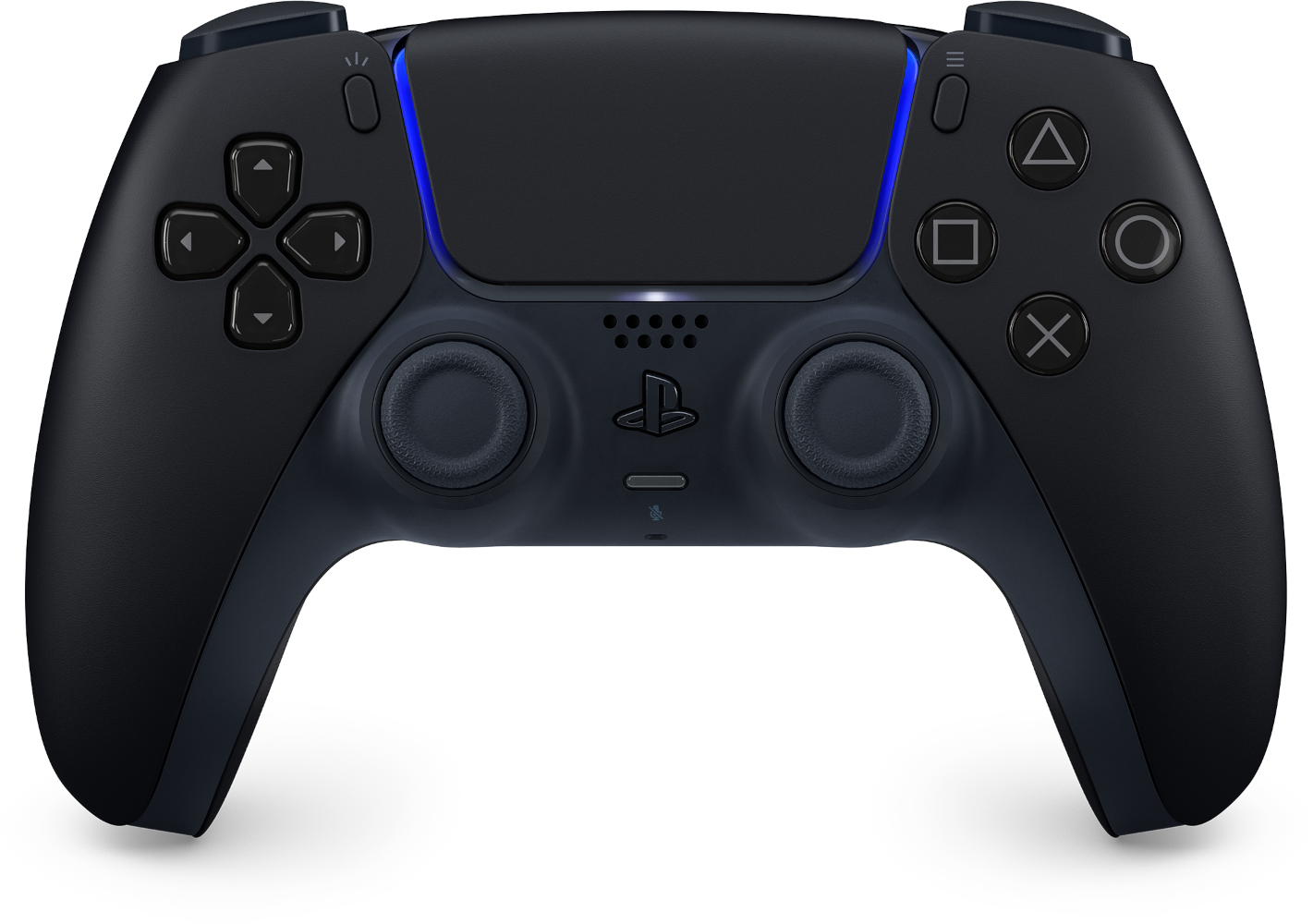 Fekete kontroller kék fényekkel és PlayStation szimbólumokkal.