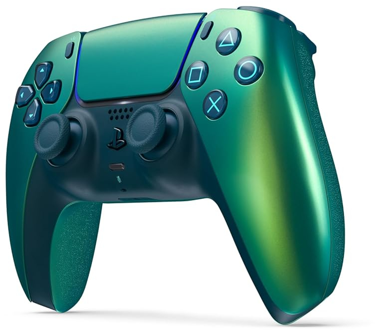 Zöld és kék játékkontroller két joystickkel. Fehér háttér.