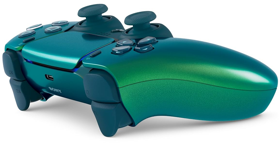 Egy türkiz színű játékkontroller két joystickkal és gombokkal.