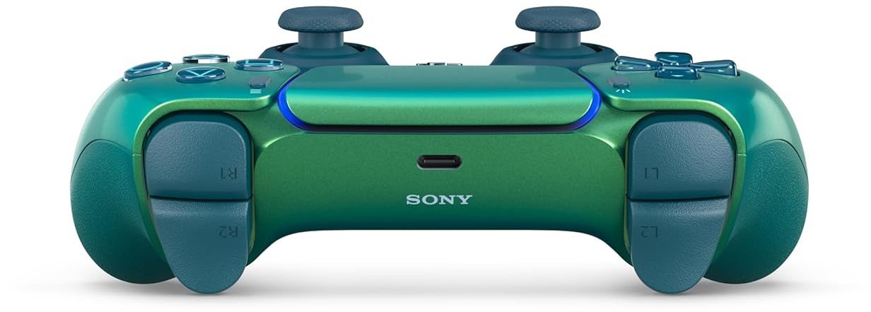 Zöld Sony kontroller kék díszítéssel és gombokkal.