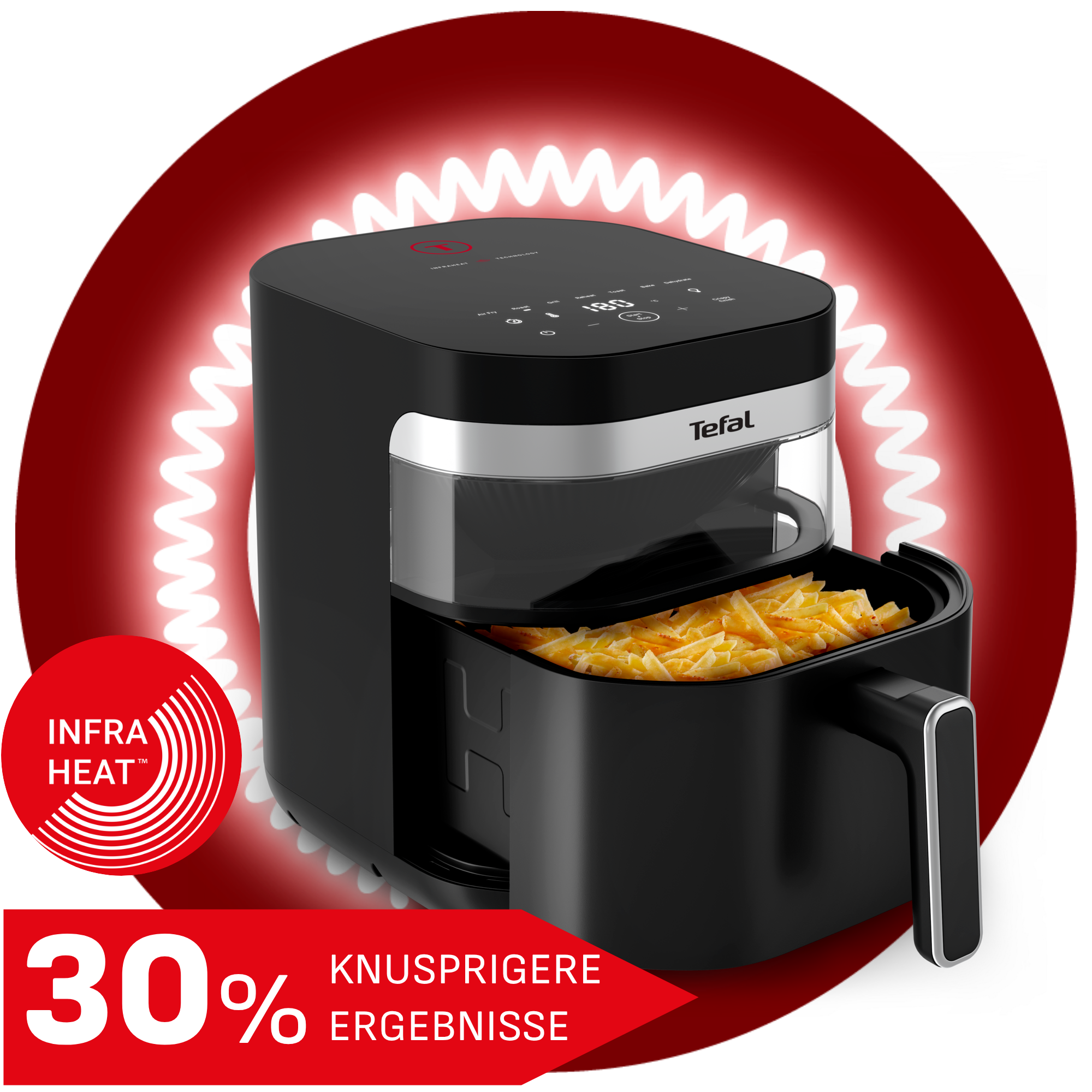 Schwarzer Tefal Heißluftfritteuse mit Pommes und rotem Heizeffekt.