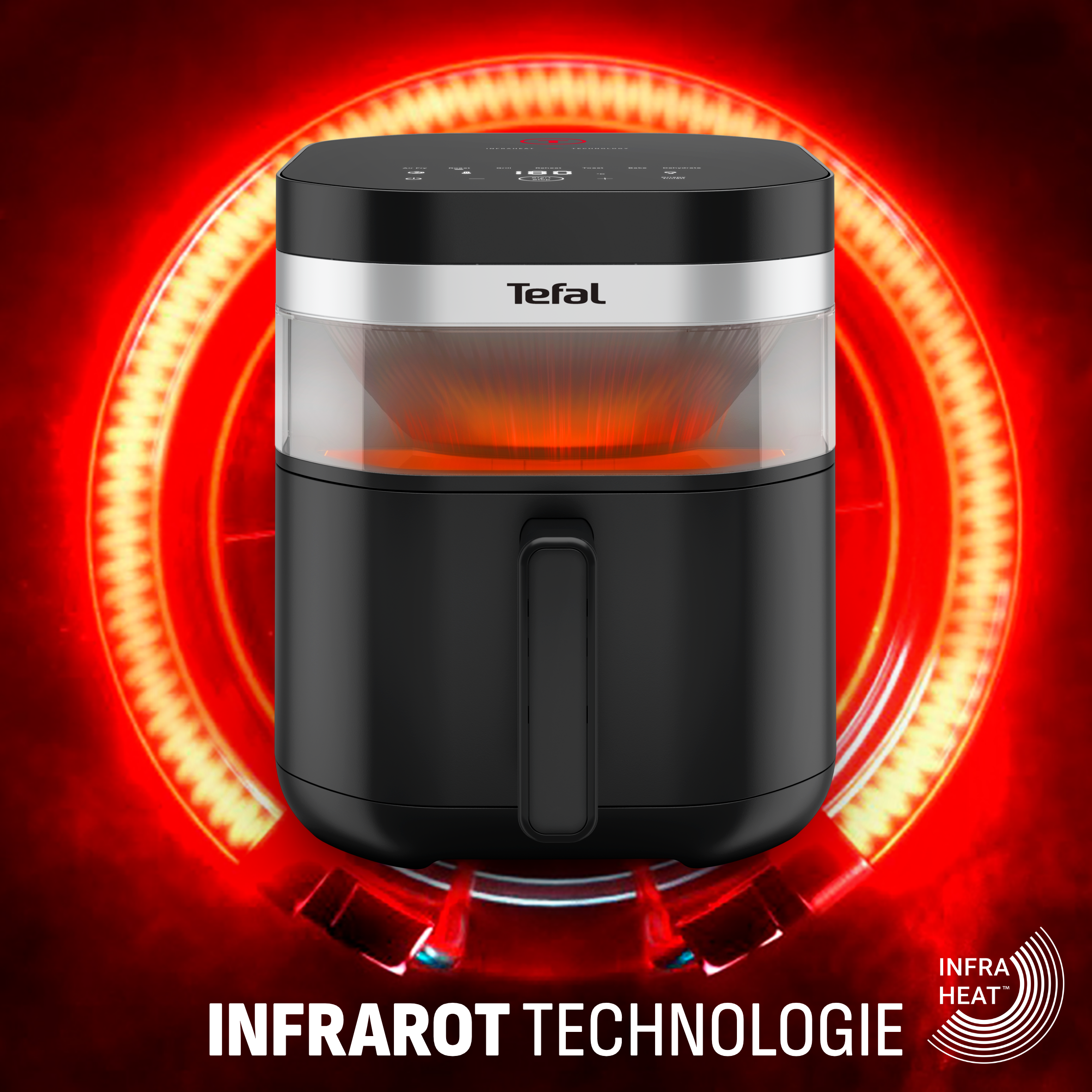 Ein schwarzer Tefal Heißluftfritteuse mit digitalem Display, umgeben von roter Infrarotwärme.