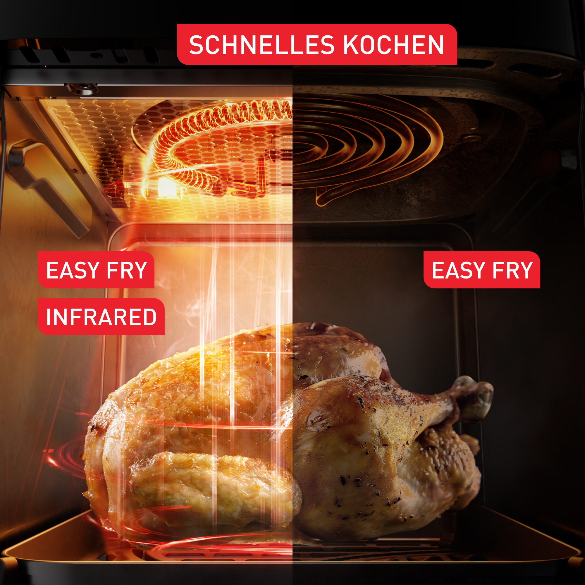 Ein Brathähnchen in einem Ofen, mit Infrarot- und Easy Fry-Technologie.