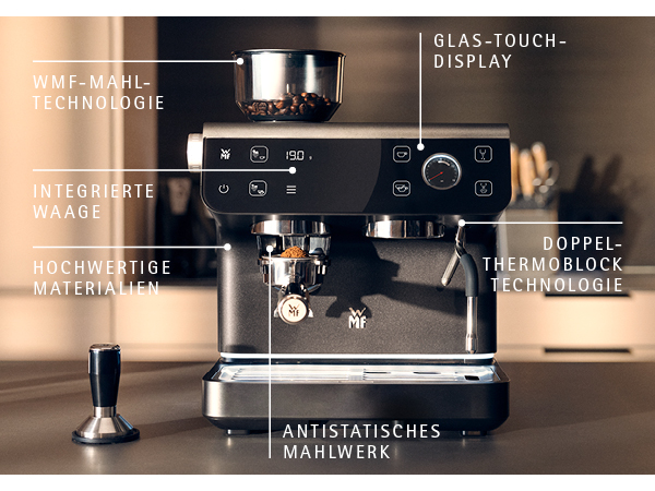 Kaffeemaschine mit Mahlwerk, integrierter Waage, Touch-Display und Tamper.