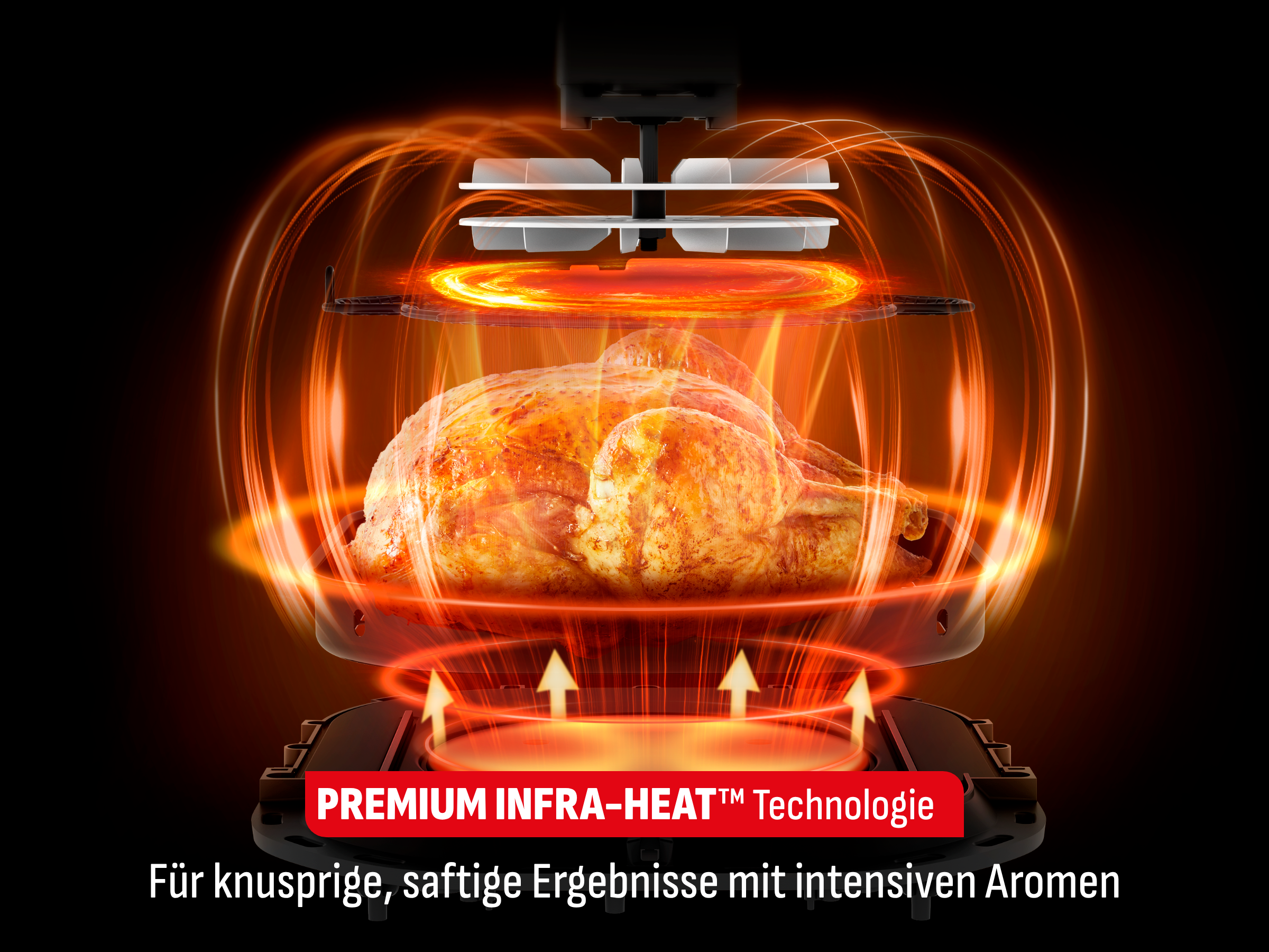 Ein Brathähnchen wird in einem Ofen mit Infrarotwärme gegrillt.