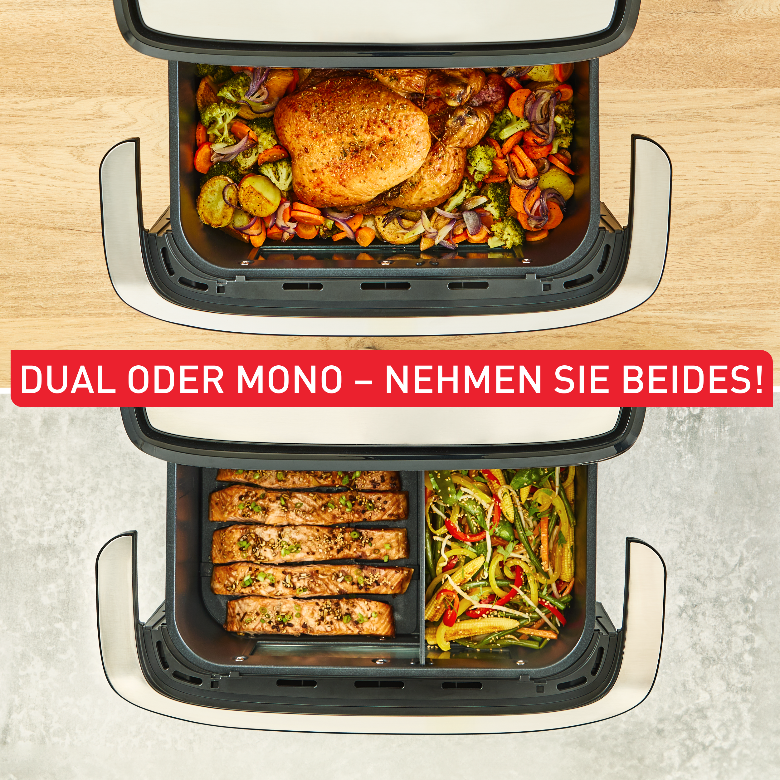 Ein Brathähnchen mit Gemüse und Lachs mit Gemüse in einem Doppelluftfritteusen-Einsatz.