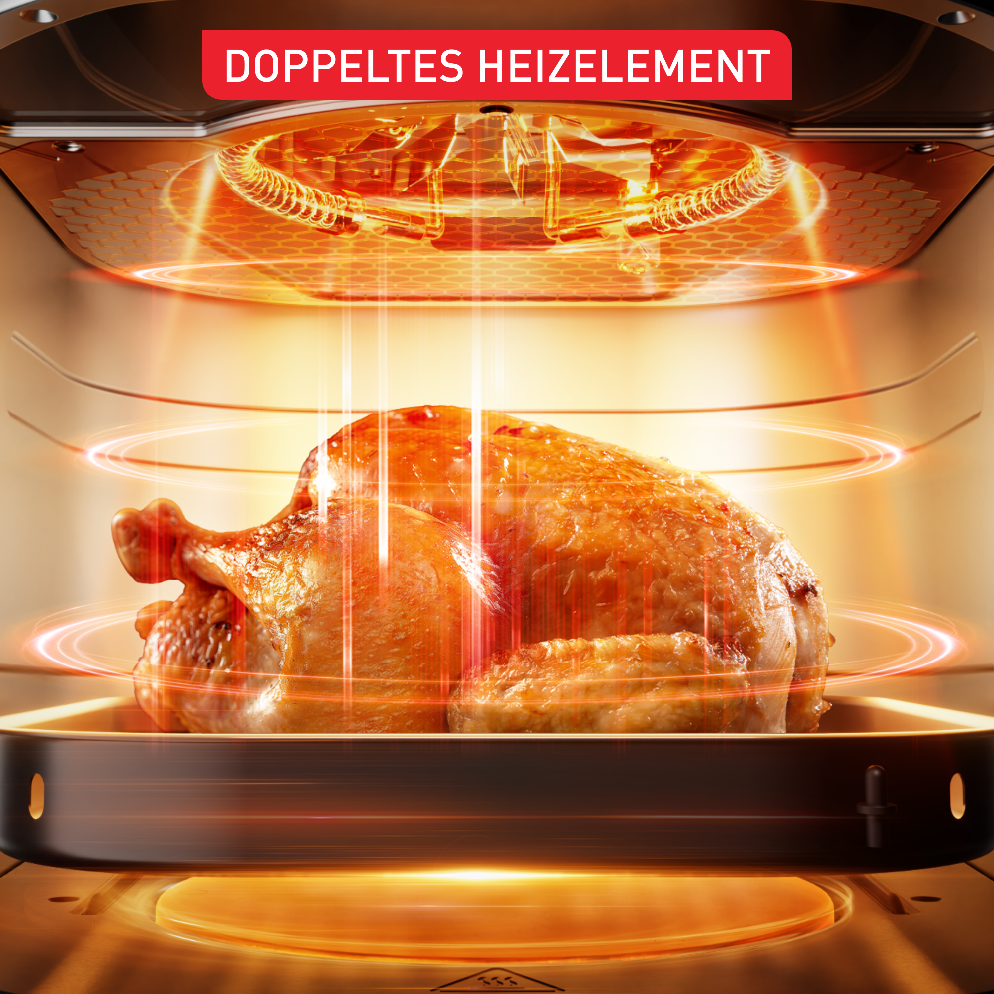 Ein goldbraunes Huhn in einer Bratpfanne wird in einem Ofen mit Heizelementen gegart.