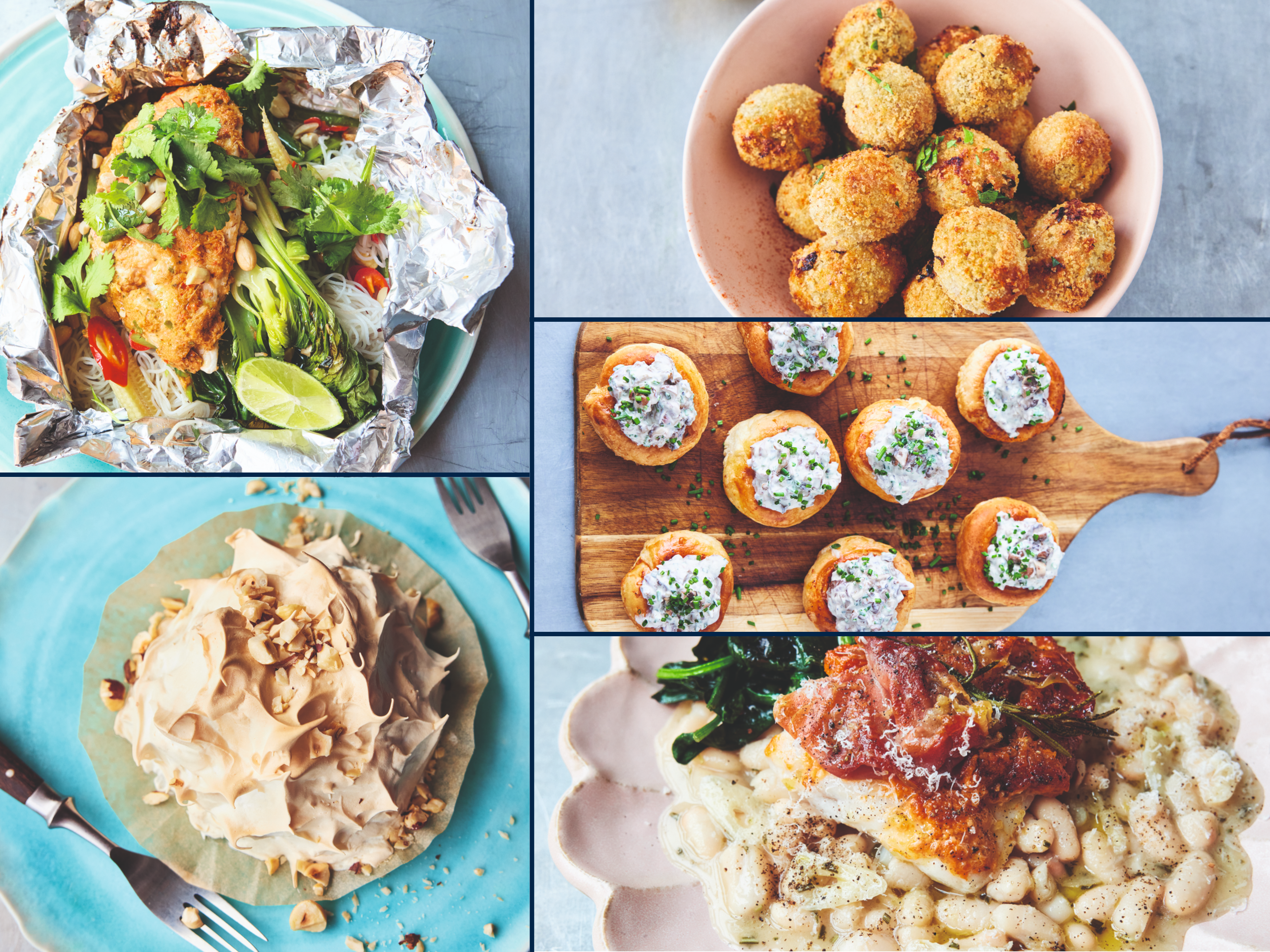 Collage aus vier Gerichten: Fisch in Folie, frittierte Bällchen, gefüllte Pasteten und Fisch mit Bohnen.