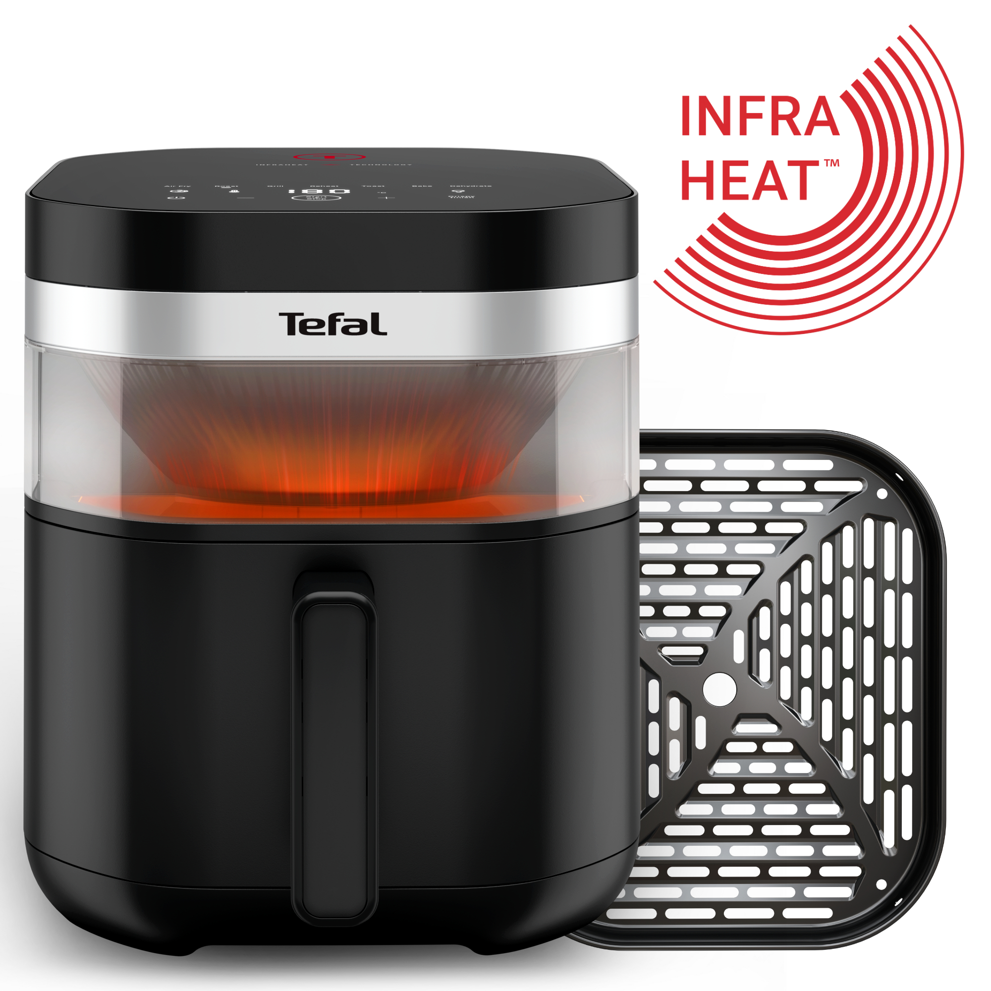 Ein schwarzer Tefal Heißluftfritteuse mit rotem Heizeffekt und einem Gitter daneben.