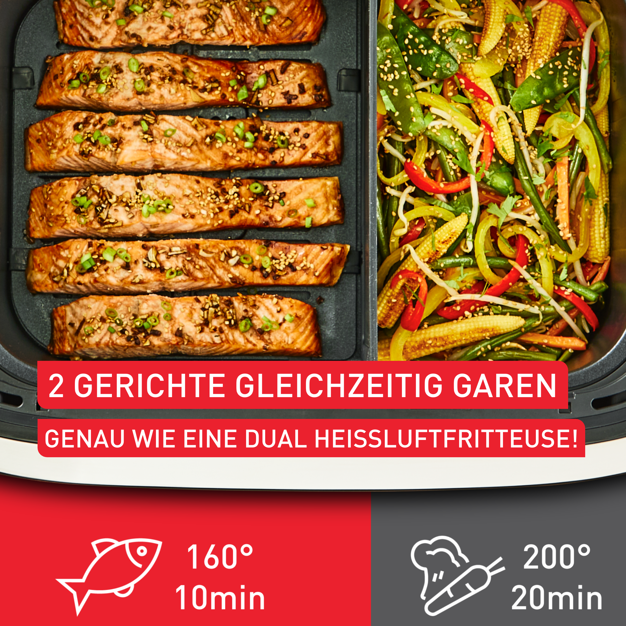 Zwei Gerichte gleichzeitig garen: Lachs und Gemüse.