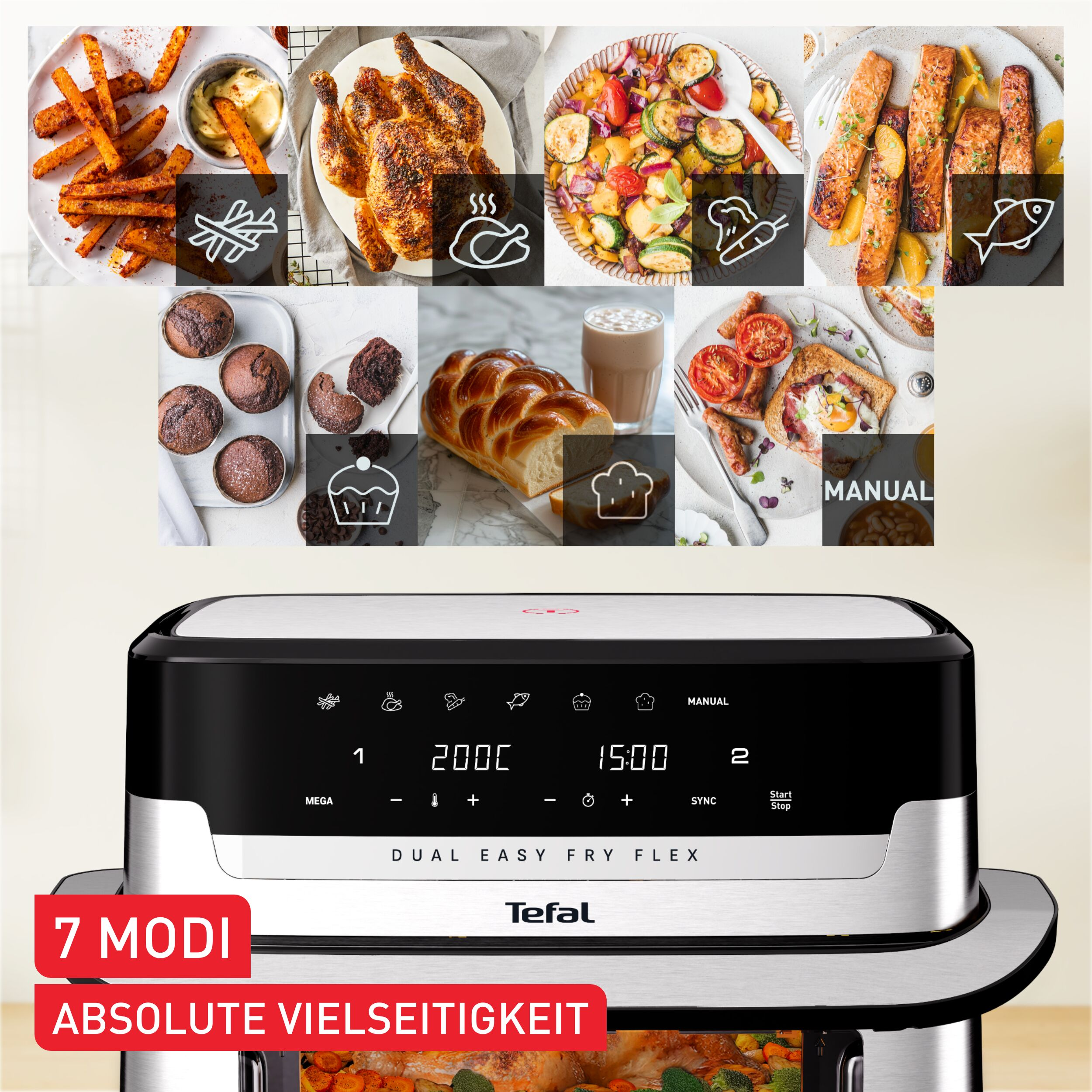 Ein Airfryer mit verschiedenen Speisen und Bedienelementen.