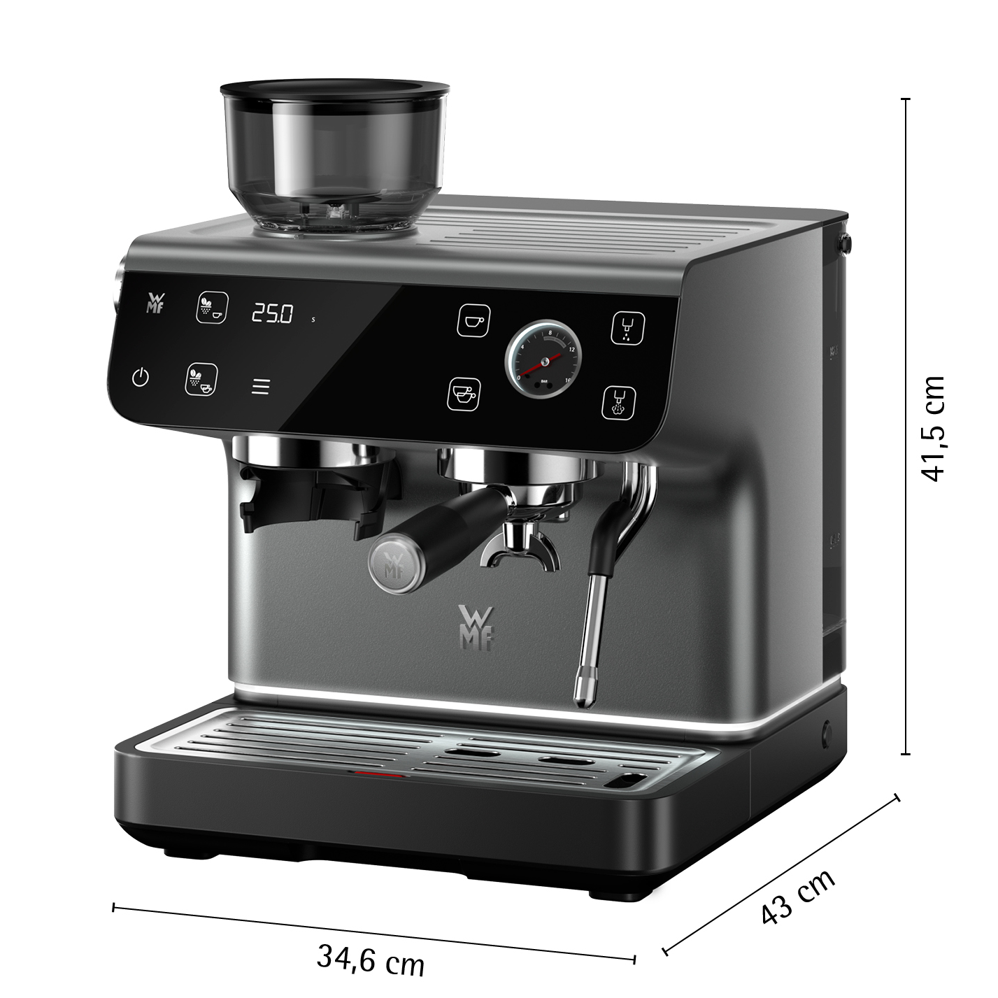 Moderne Kaffeemaschine mit Mahlwerk und digitalem Display. Maße: 41,5x43x34,6 cm.