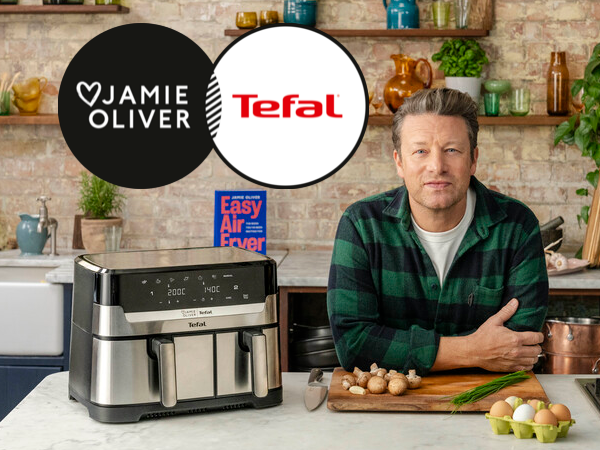 Jamie Oliver und Tefal Air Fryer mit Koch Jamie Oliver im Hintergrund.