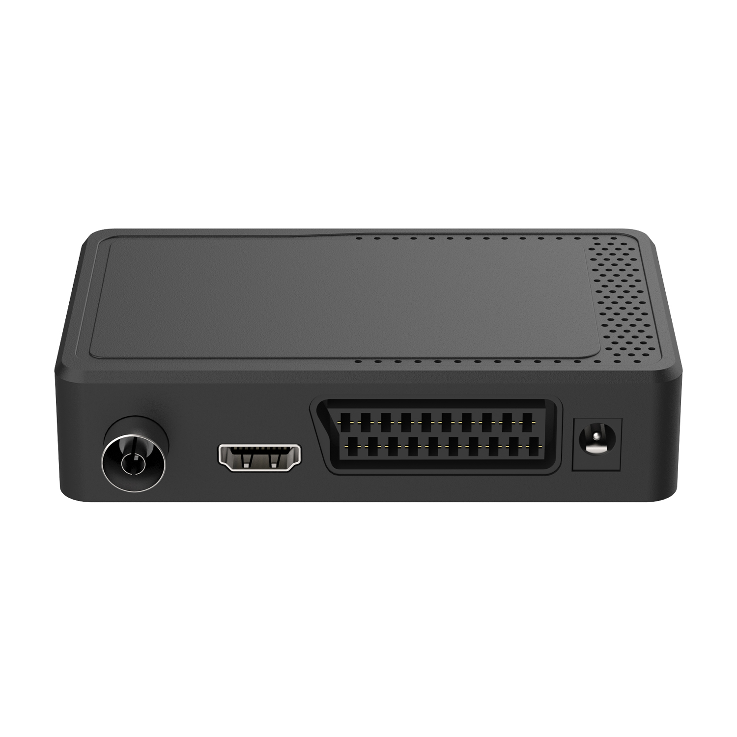 Dispositivo elettronico nero con porte antenna, HDMI, SCART e alimentazione.