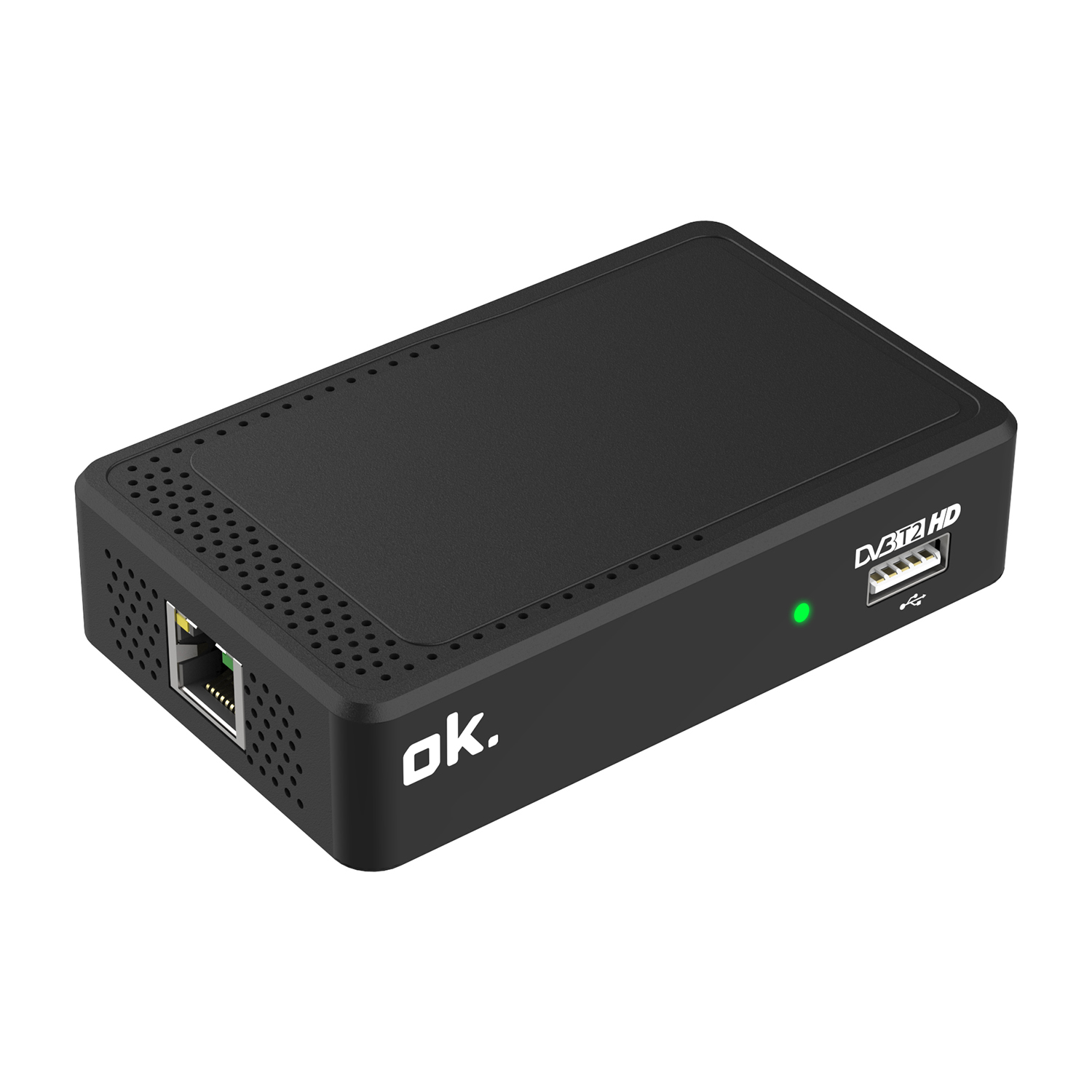 Piccolo dispositivo DVB-T2 HD nero con porte Ethernet e USB.