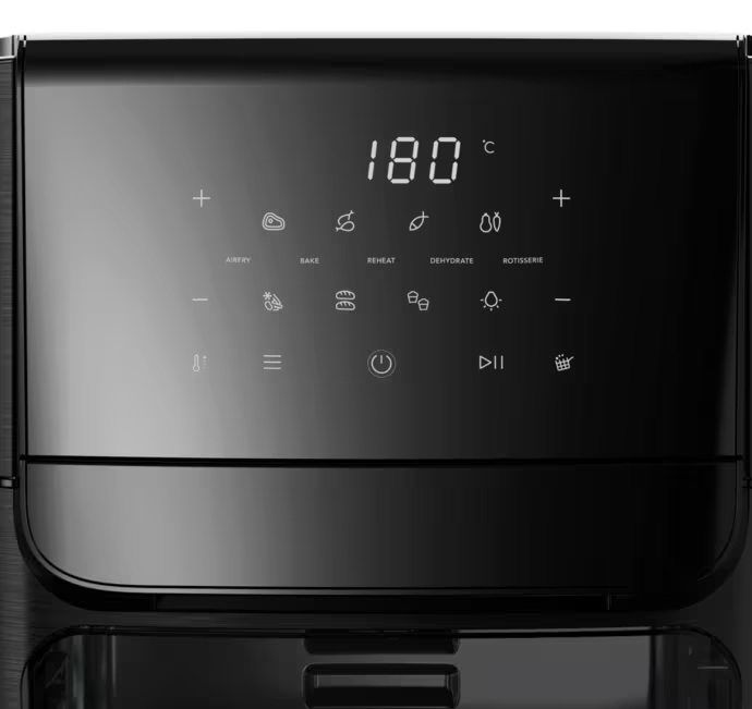 Czarny cyfrowy wyświetlacz pokazuje 180°C i funkcje gotowania.