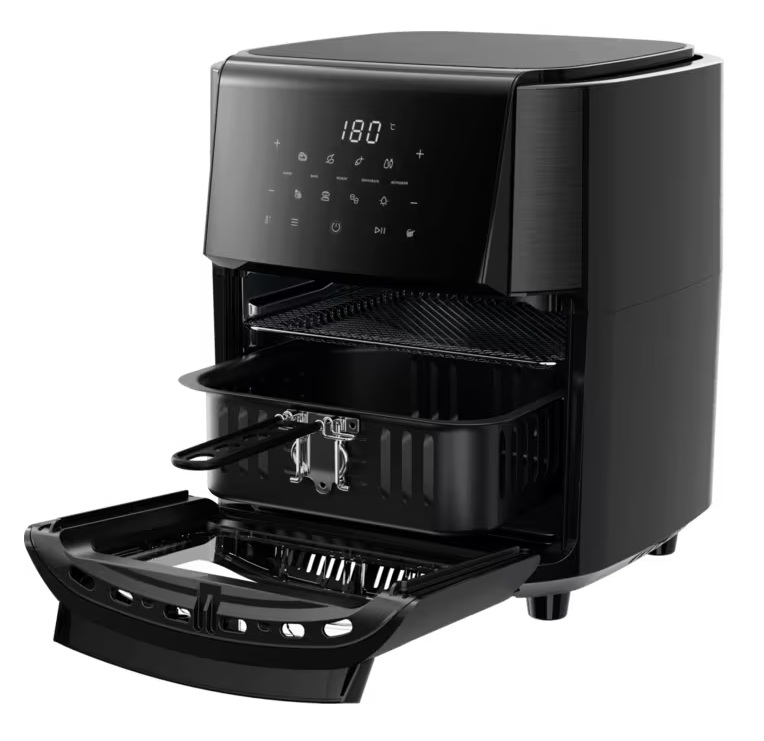 Czarna frytkownica beztłuszczowa z cyfrowym wyświetlaczem, otwarta z tacą i rusztem.