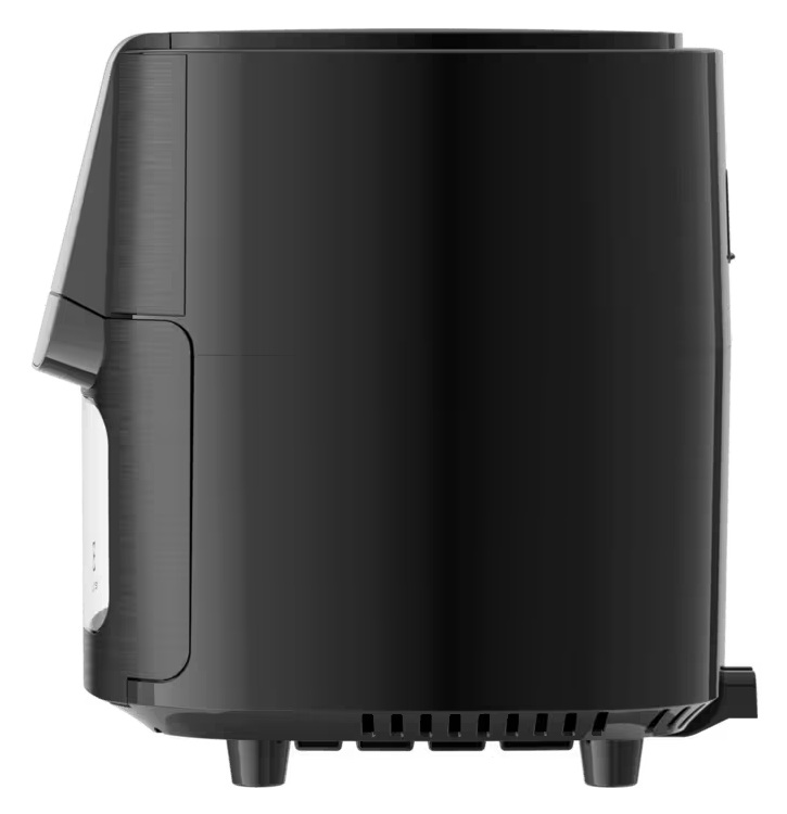 Czarna frytkownica beztłuszczowa z boku, z uchwytem i otworami wentylacyjnymi.