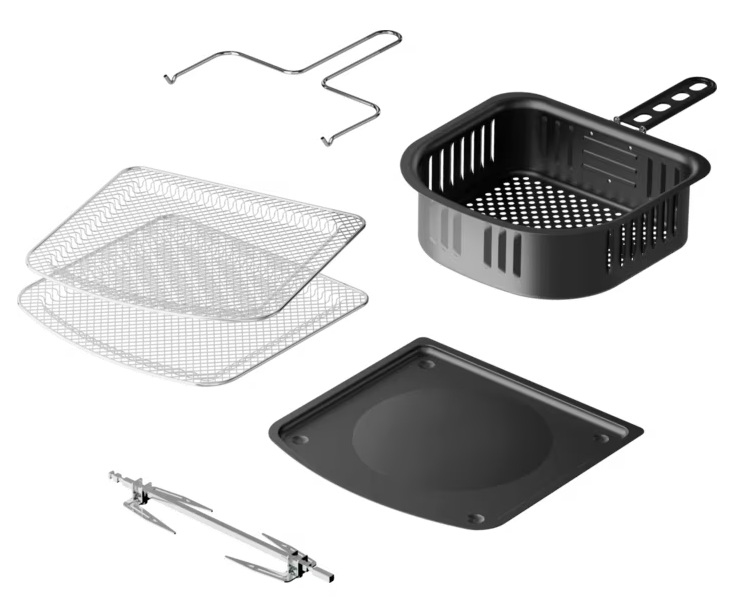 Zestaw metalowych akcesoriów kuchennych, w tym rożen obrotowy, dwa ruszty i taca.