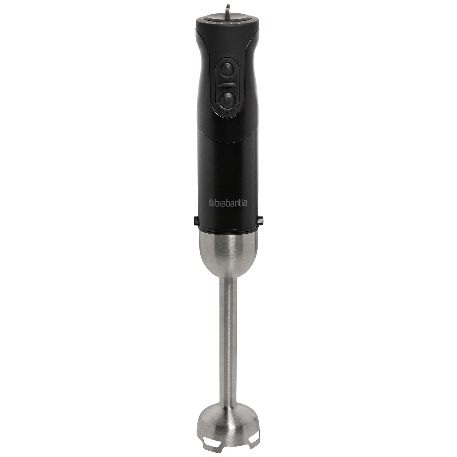 Een zwarte Brabantia staafmixer met een zilveren metalen steel en twee knoppen.