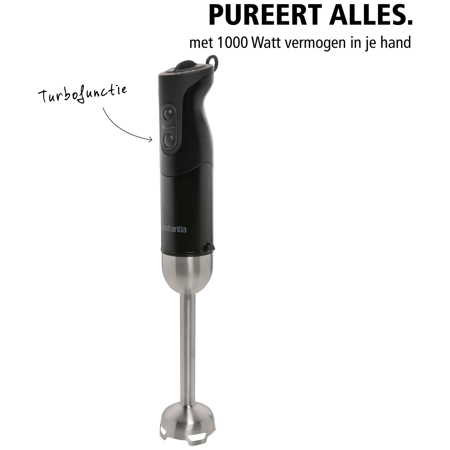 Een zwarte staafmixer met RVS as en turbofunctie.