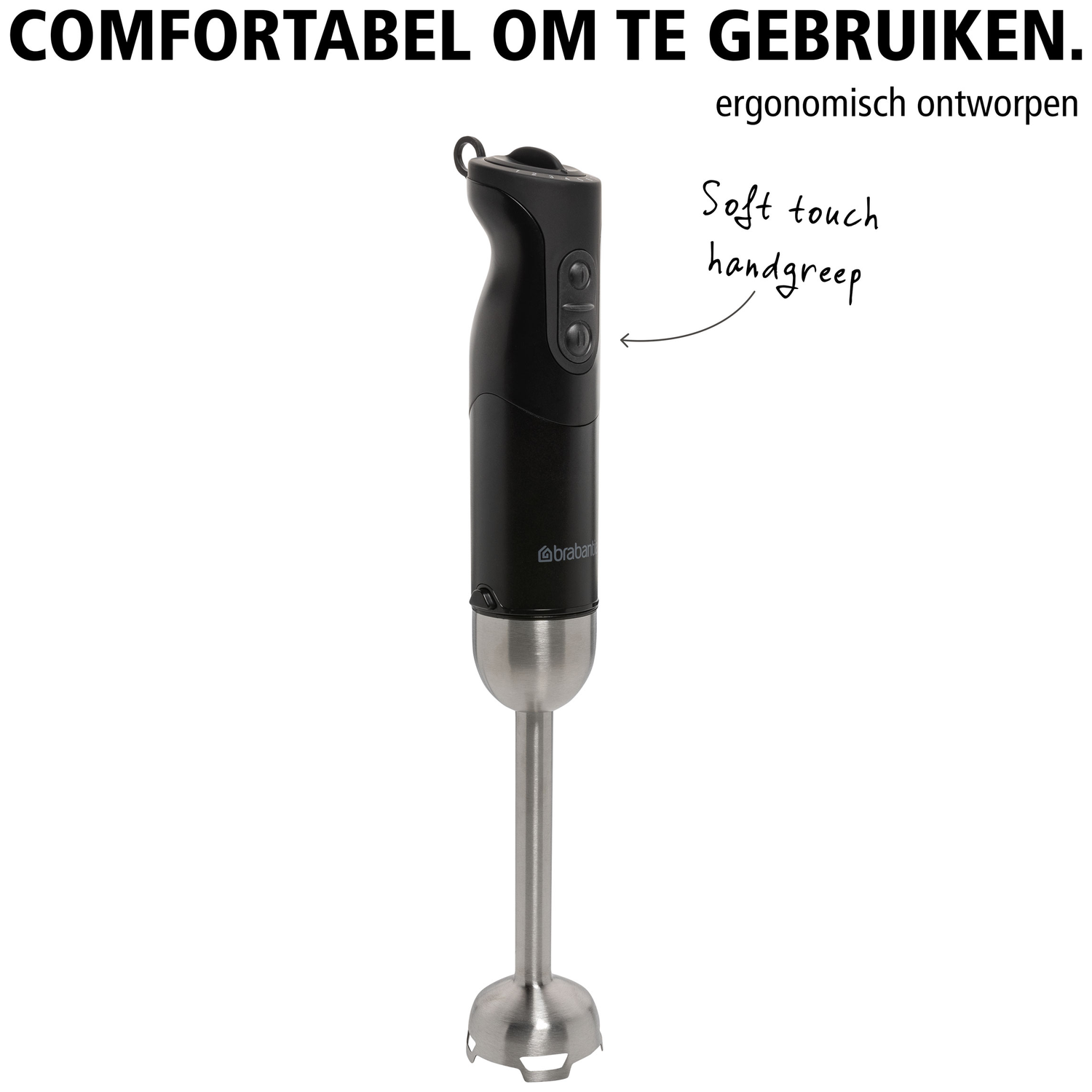 Zwarte staafmixer met RVS voet en soft-touch handgreep.