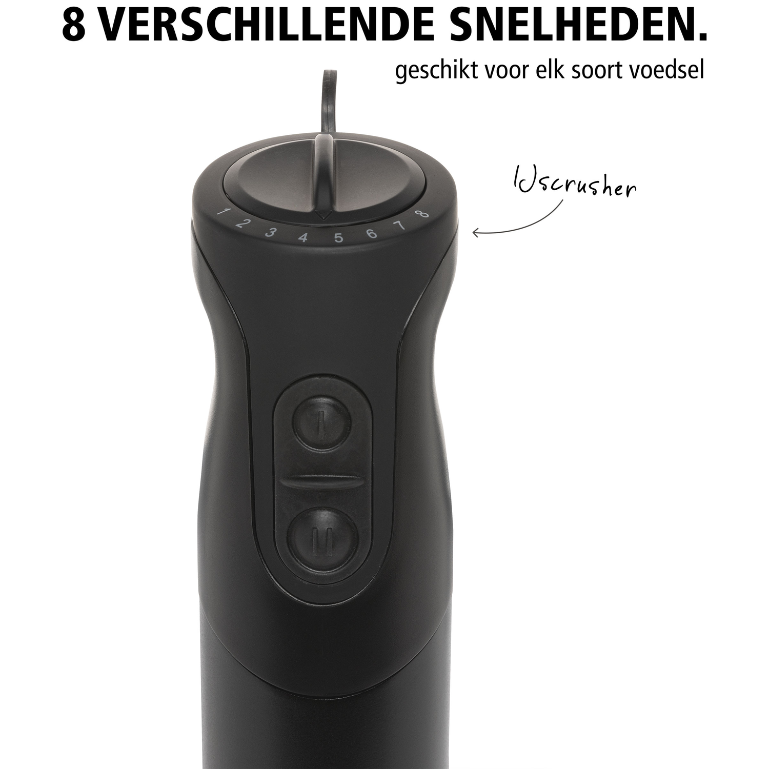 Zwarte staafmixer handgreep met 8 snelheden en knoppen.