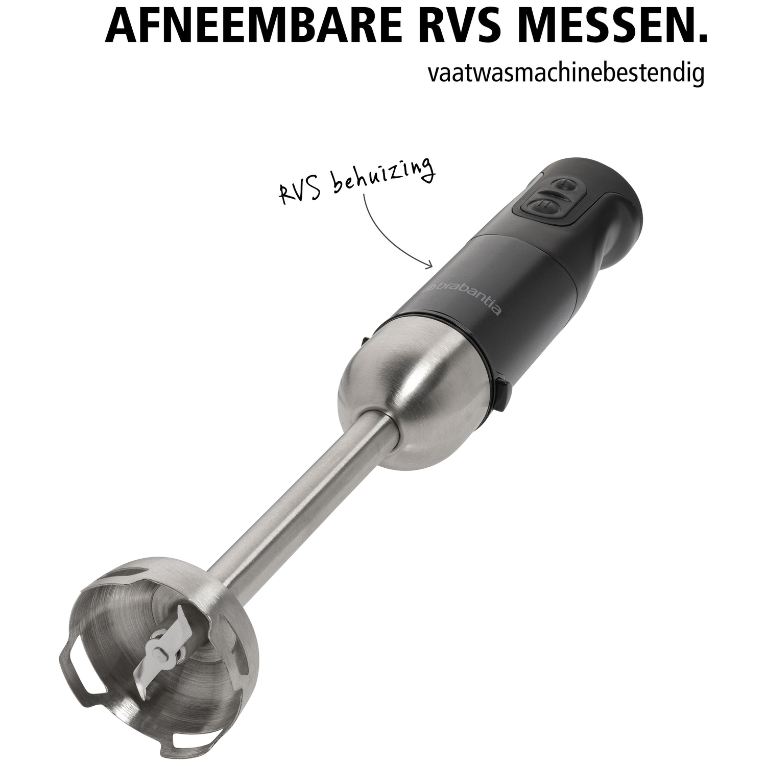 Een zwarte staafmixer met RVS mixvoet en messen.
