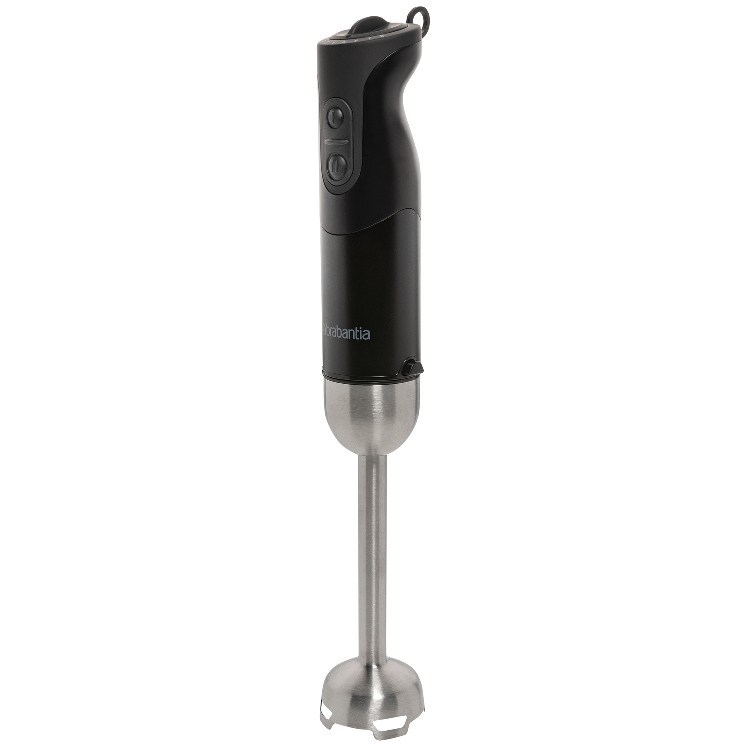 Een zwarte Brabantia staafmixer met zilveren metalen voet en bedieningselementen.