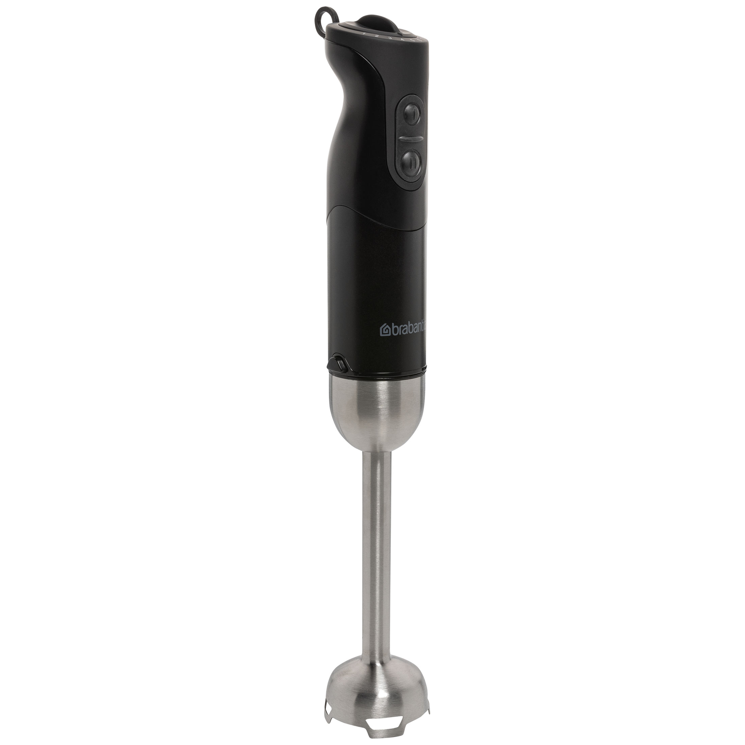 Een zwarte Brabantia staafmixer met een roestvrijstalen as en twee knoppen.