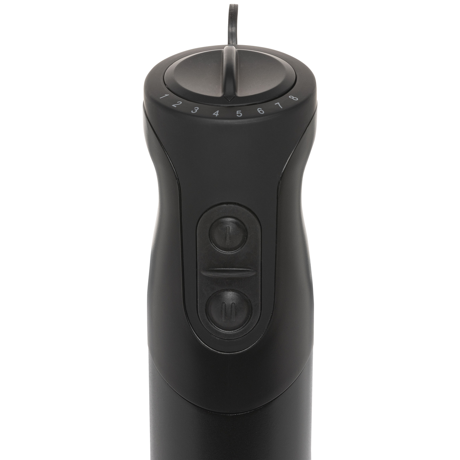 Zwarte handmixer handgreep met draaiknop, knoppen en cijfers 1-8.