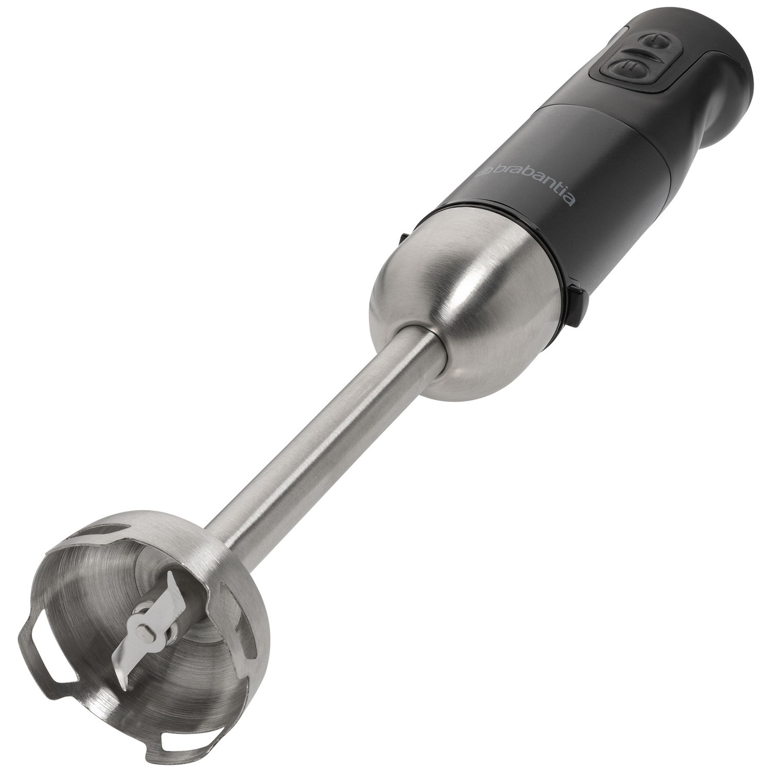 Een zwarte staafmixer met RVS mixvoet en twee knoppen.