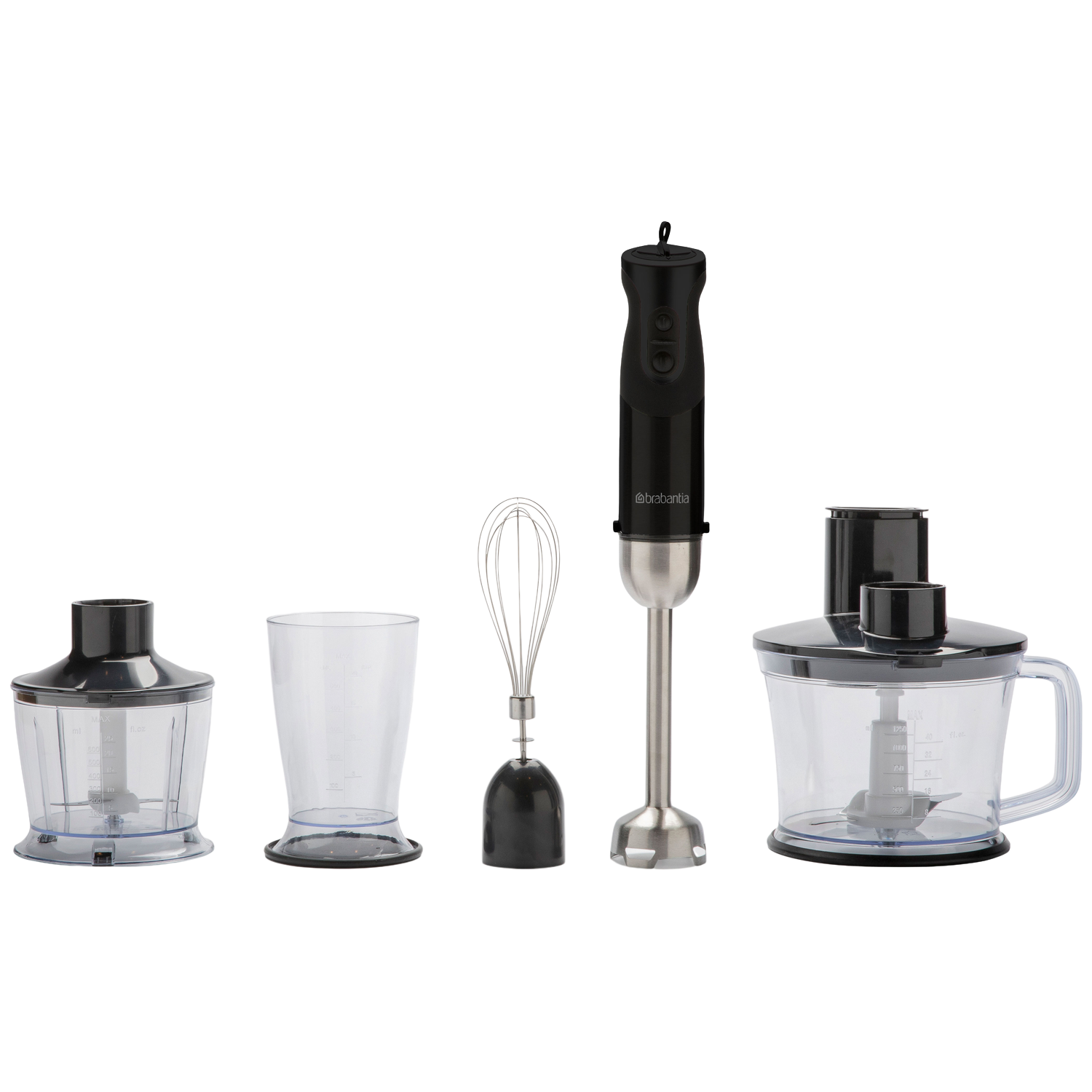 Een zwarte staafmixer met accessoires: beker, garde en hakmolen.