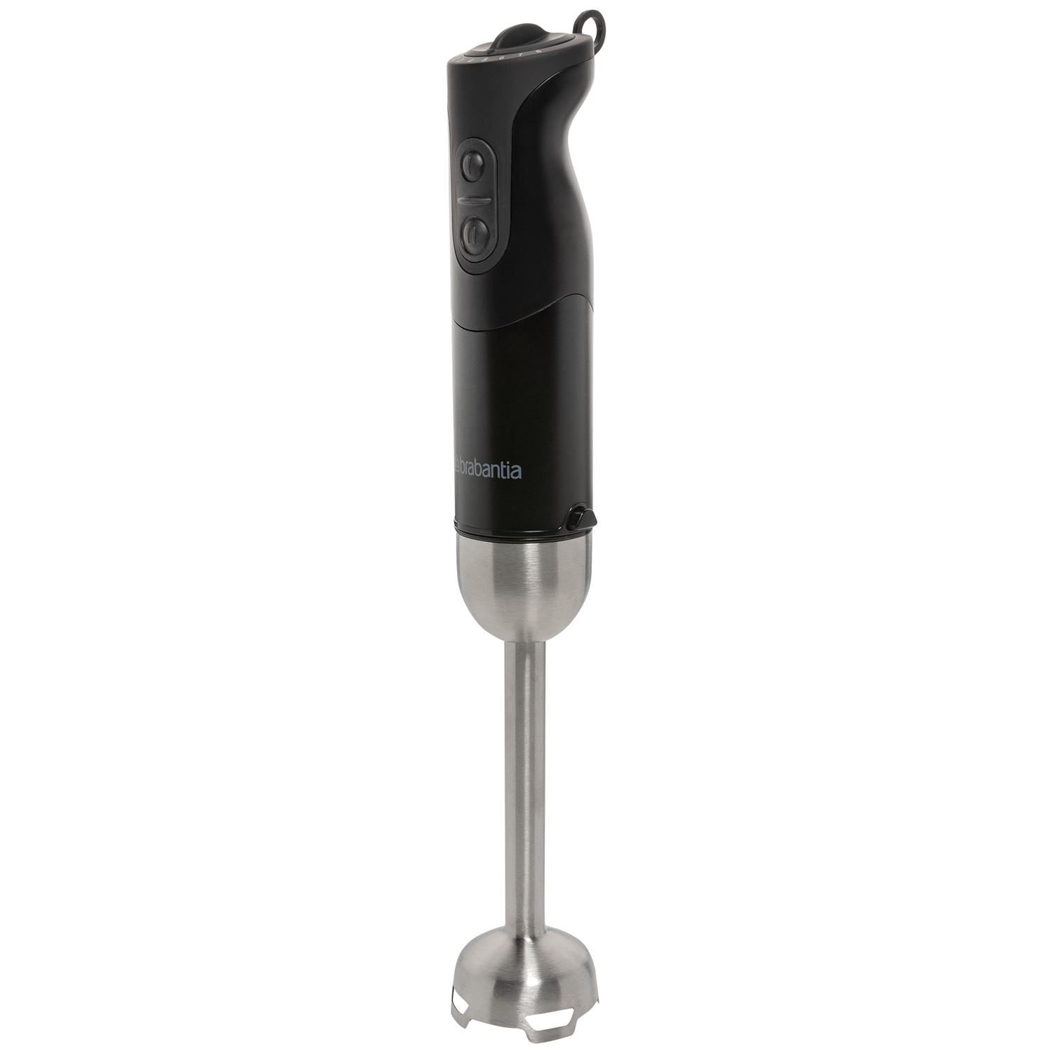 Een zwarte Brabantia staafmixer met zilverkleurige metalen voet en knoppen.