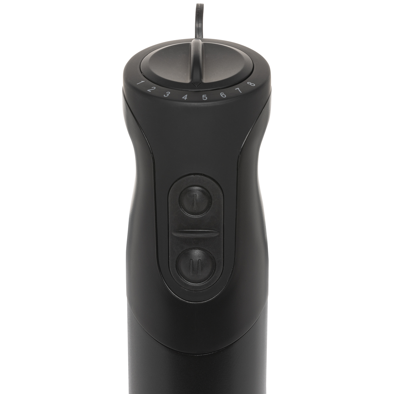 Zwarte staafmixer handgreep met snelheidsregelaar en knoppen.