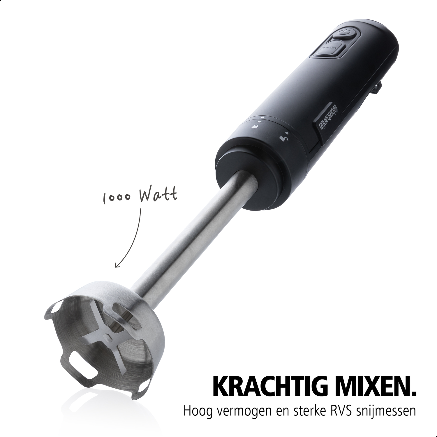 Zwarte staafmixer met metalen as en messen, 1000 Watt.