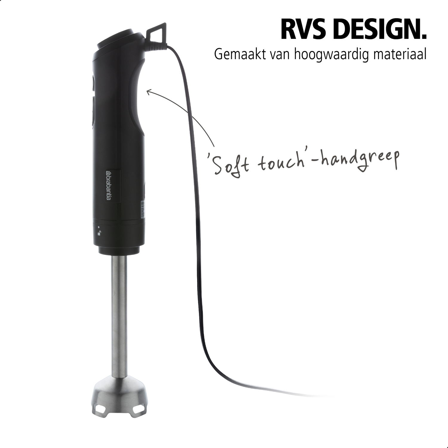 Zwarte staafmixer met RVS voet en snoer.