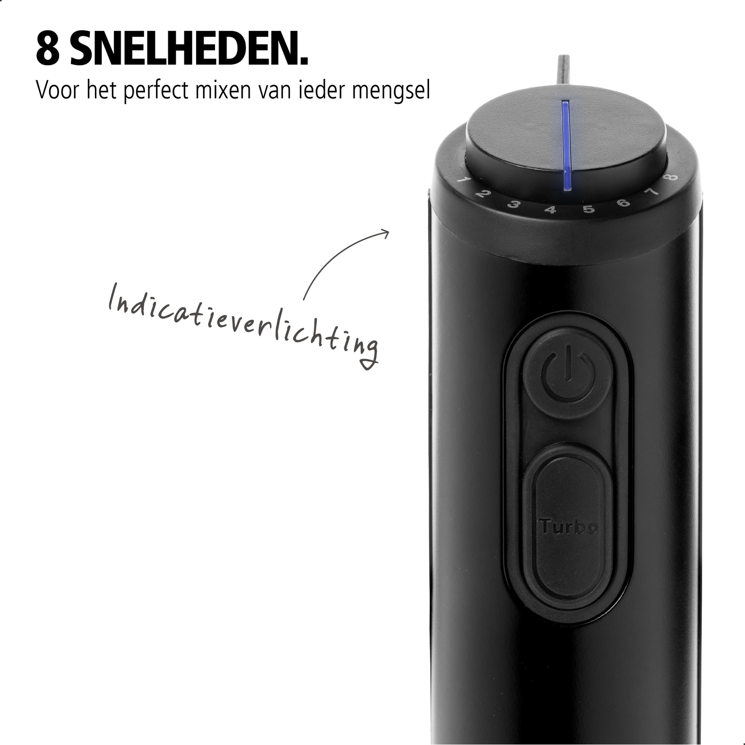 Zwarte staafmixer met snelheidsregelaar en turboknop.