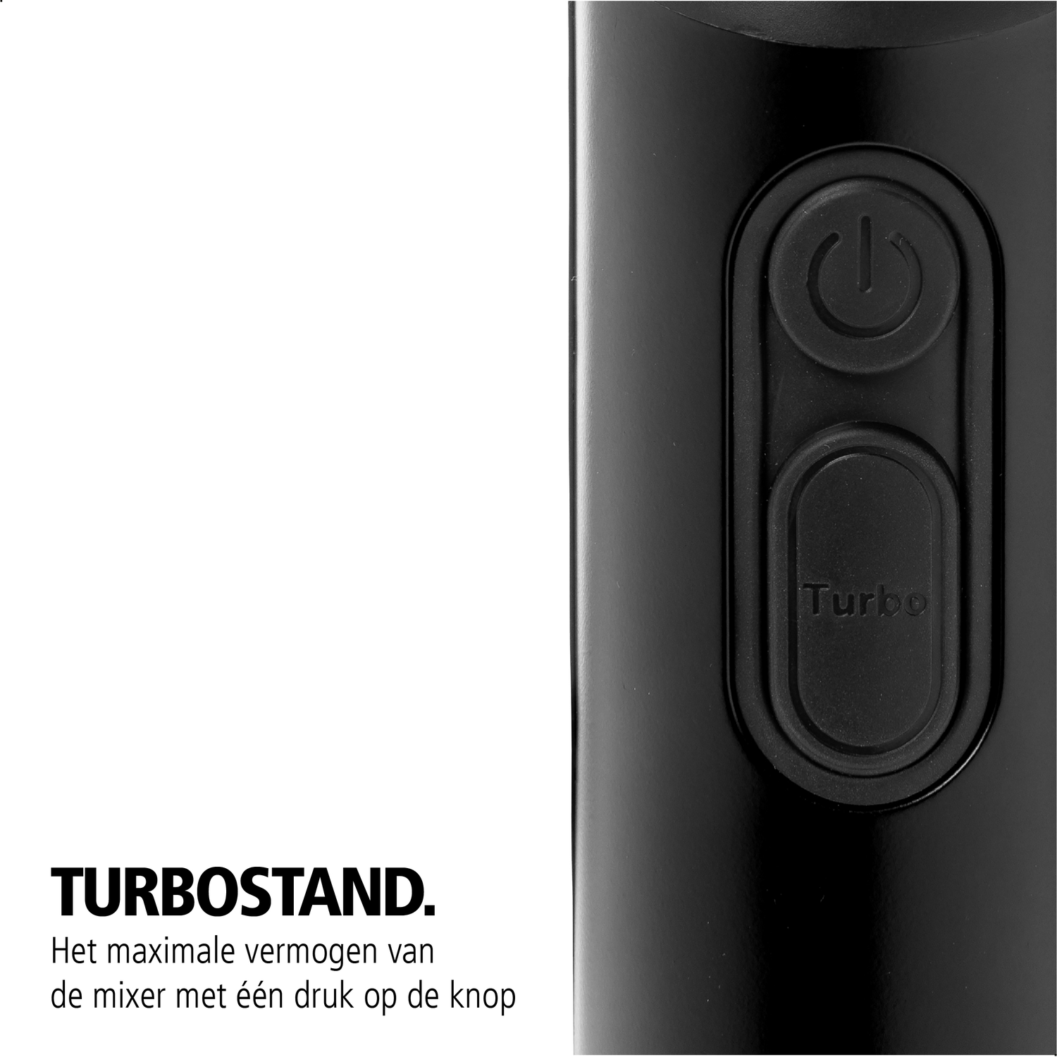 Close-up van zwarte mixer met aan/uit en turbo knoppen.