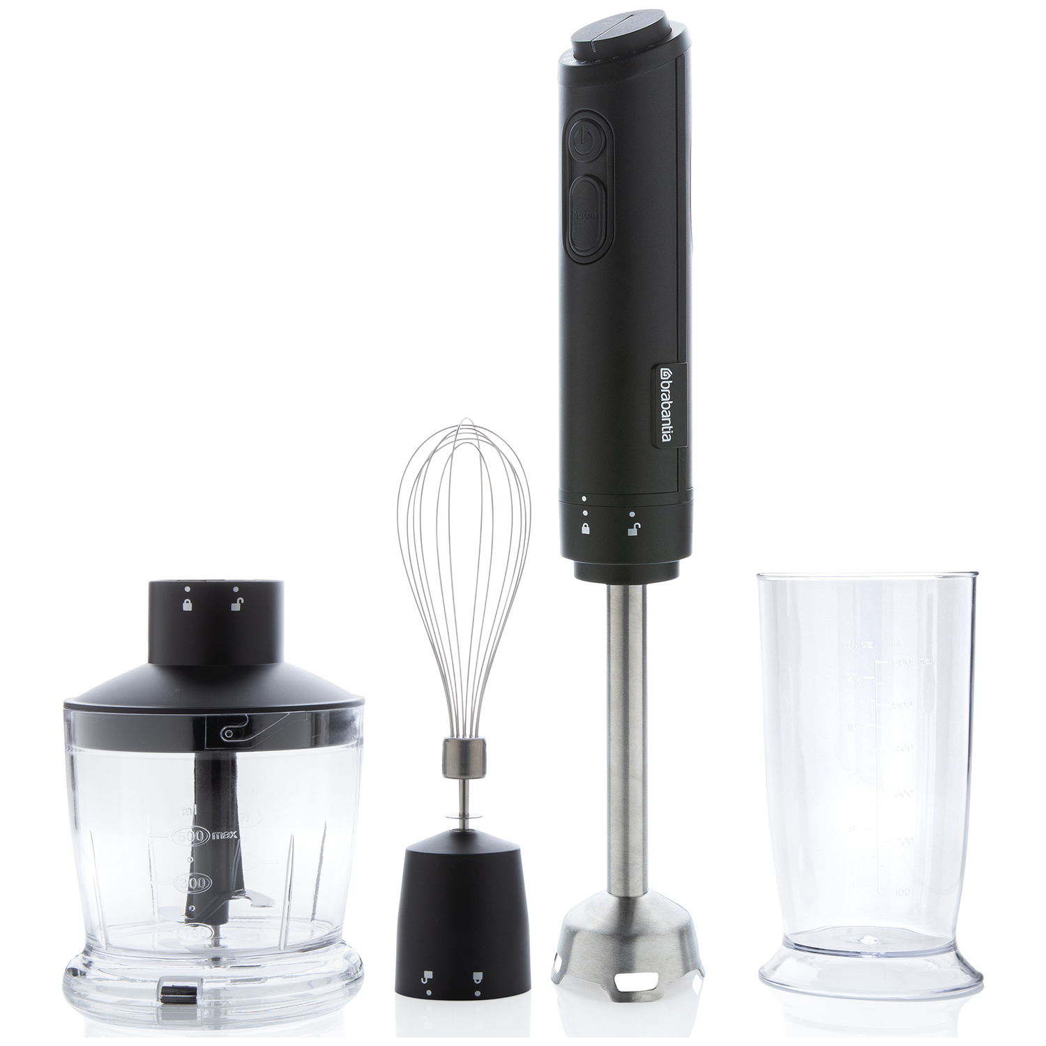 Een zwarte staafmixer met accessoires: maatbeker, garde en hakmolen.