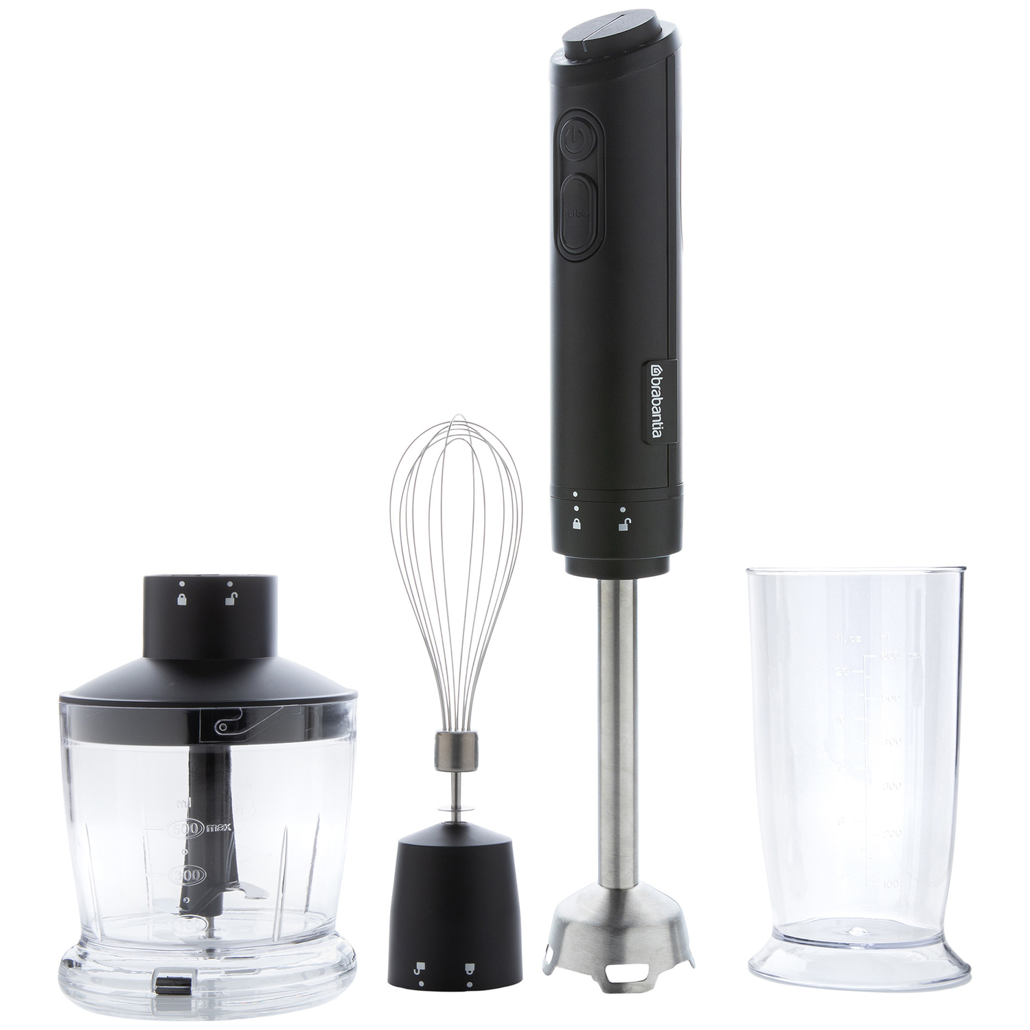Een zwarte staafmixer met accessoires: hakmolen, garde en maatbeker.