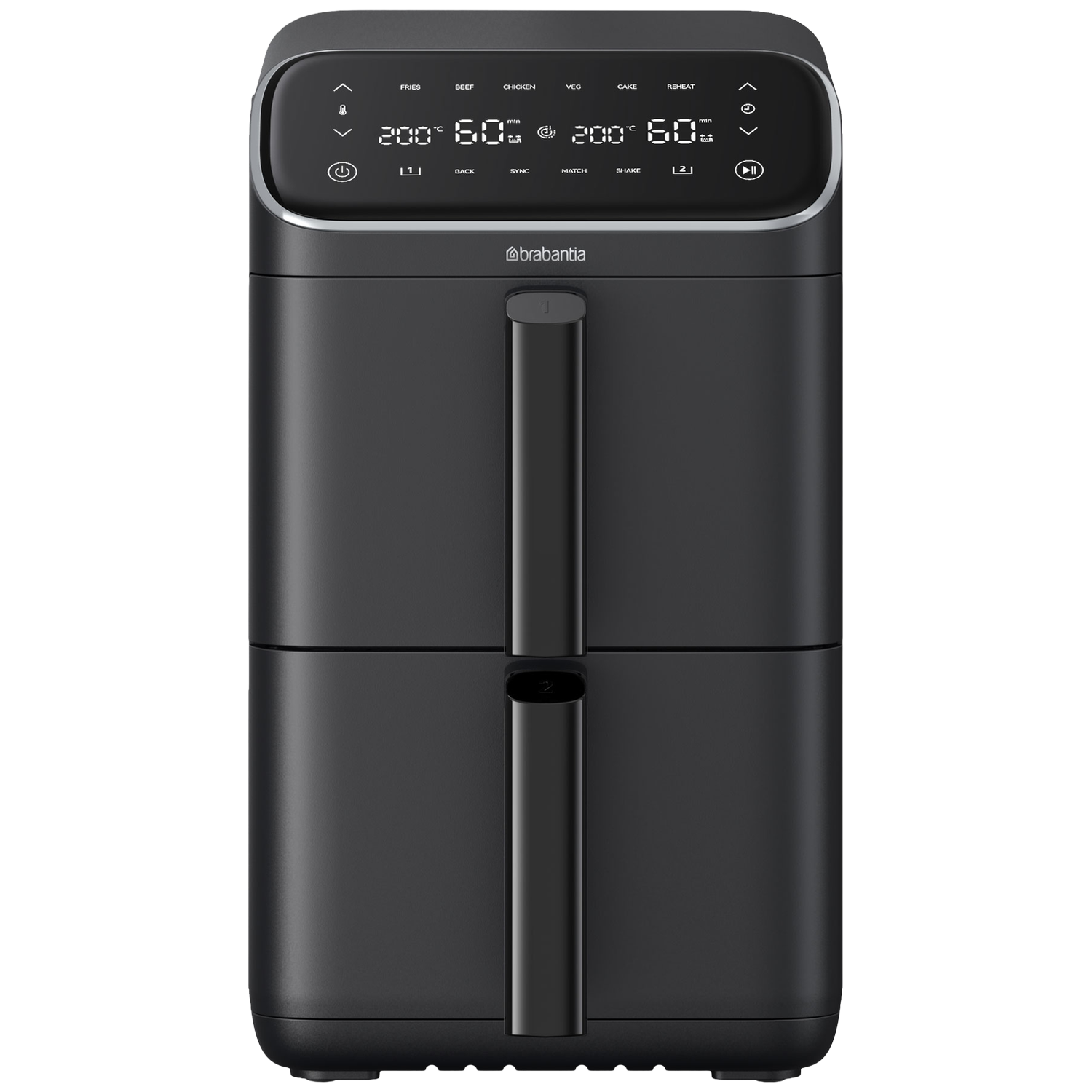 Zwarte Brabantia airfryer met digitaal display dat 200 graden en 60 minuten toont.
