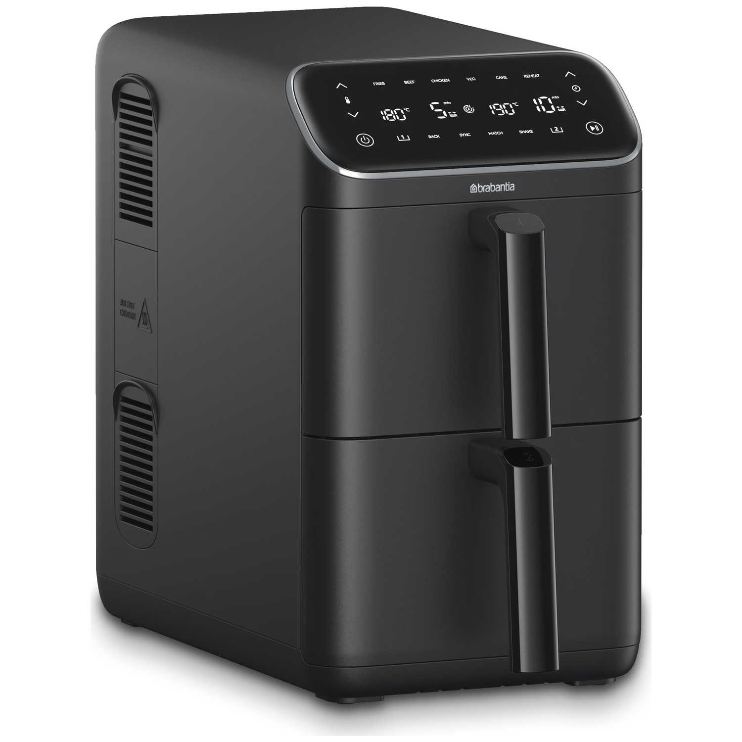 Zwarte dubbele heteluchtfriteuse met digitaal display, Brabantia logo.