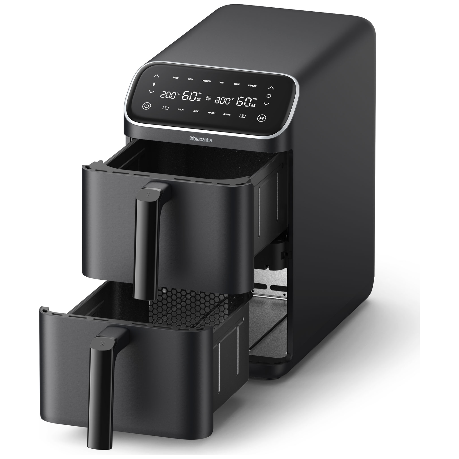 Zwarte dubbele airfryer met digitale bediening en twee lades, waarvan één half open.
