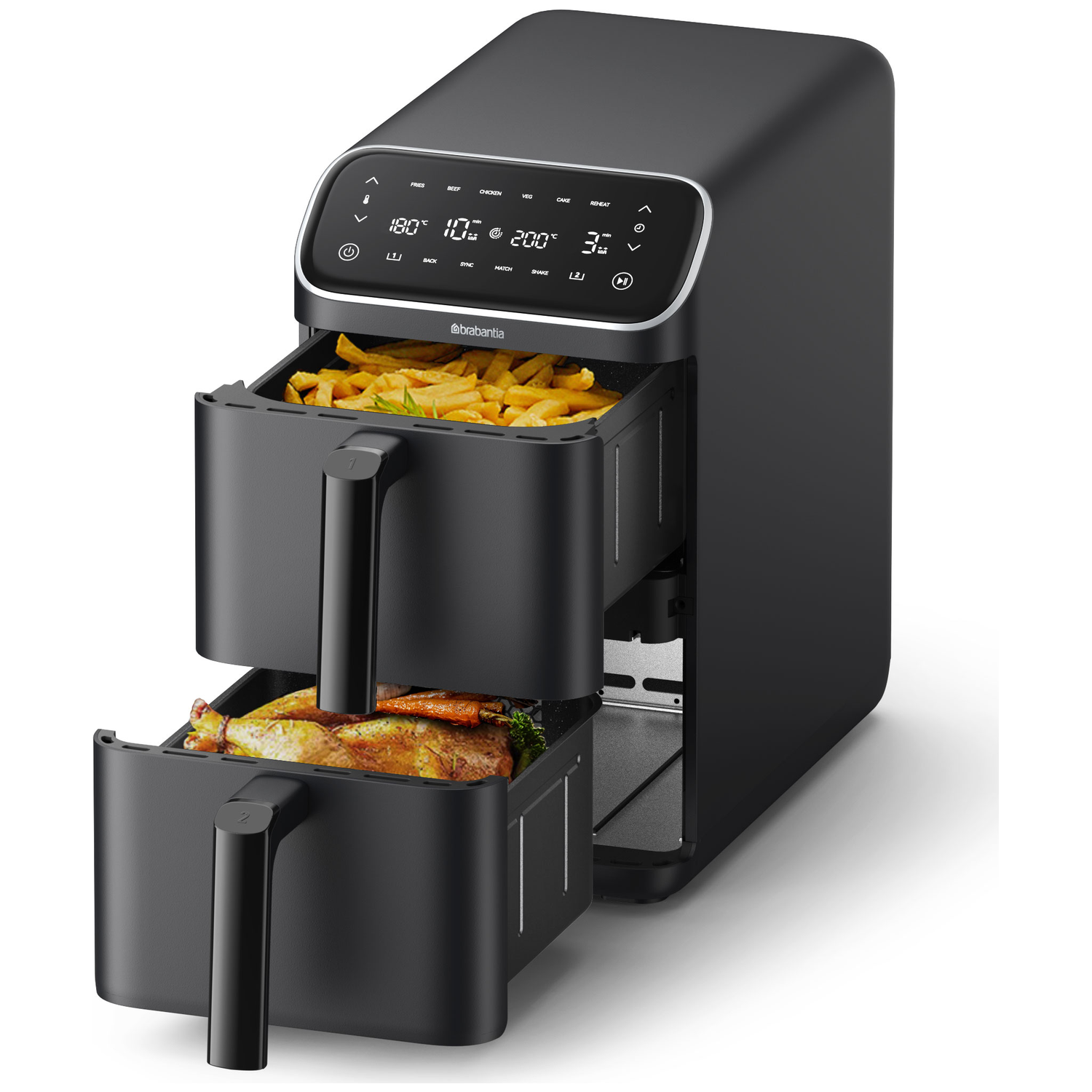Zwarte heteluchtfriteuse met dubbele lade. Bovenste lade met friet; onderste met kip en wortels.