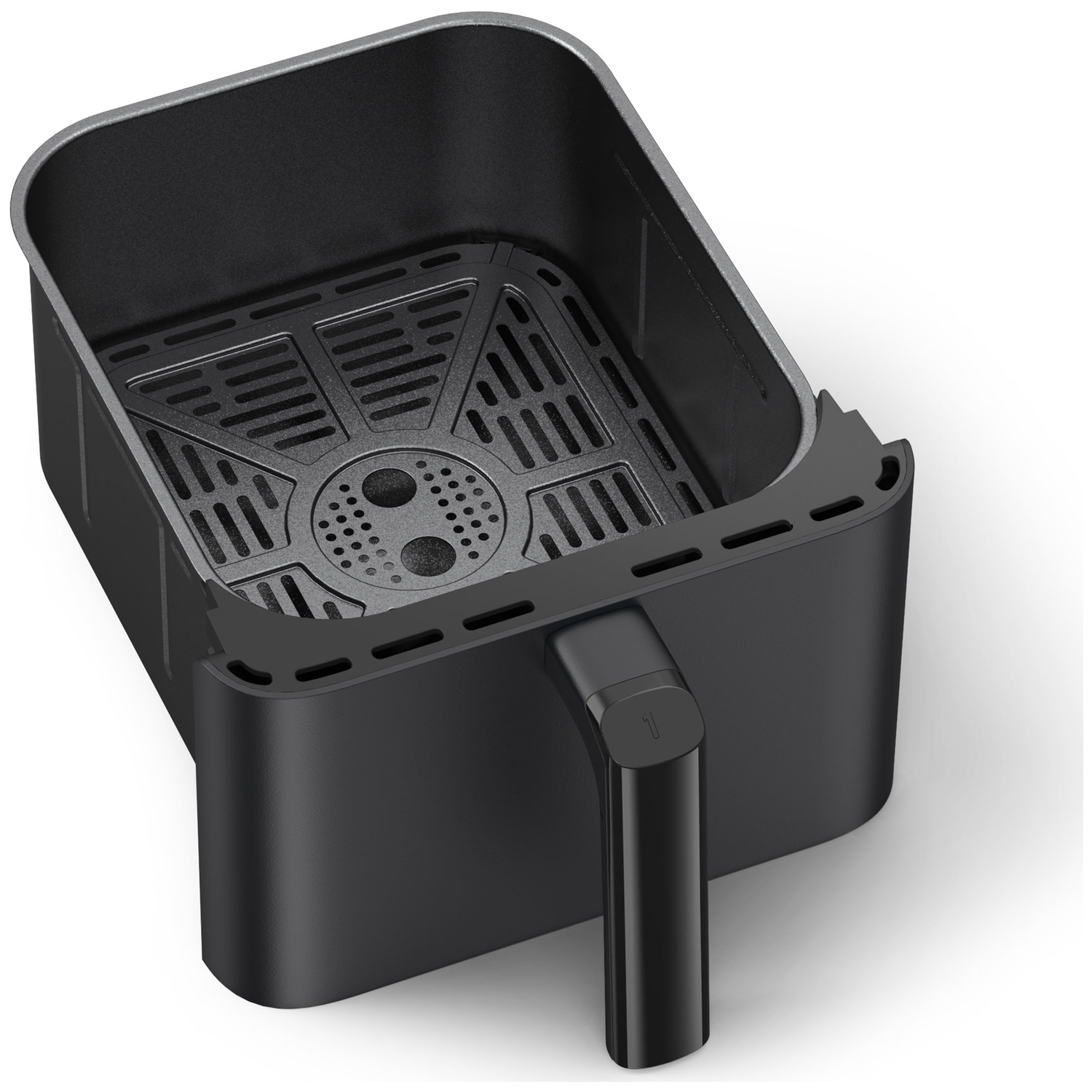 Een zwarte airfryer mand met handvat, op witte achtergrond.