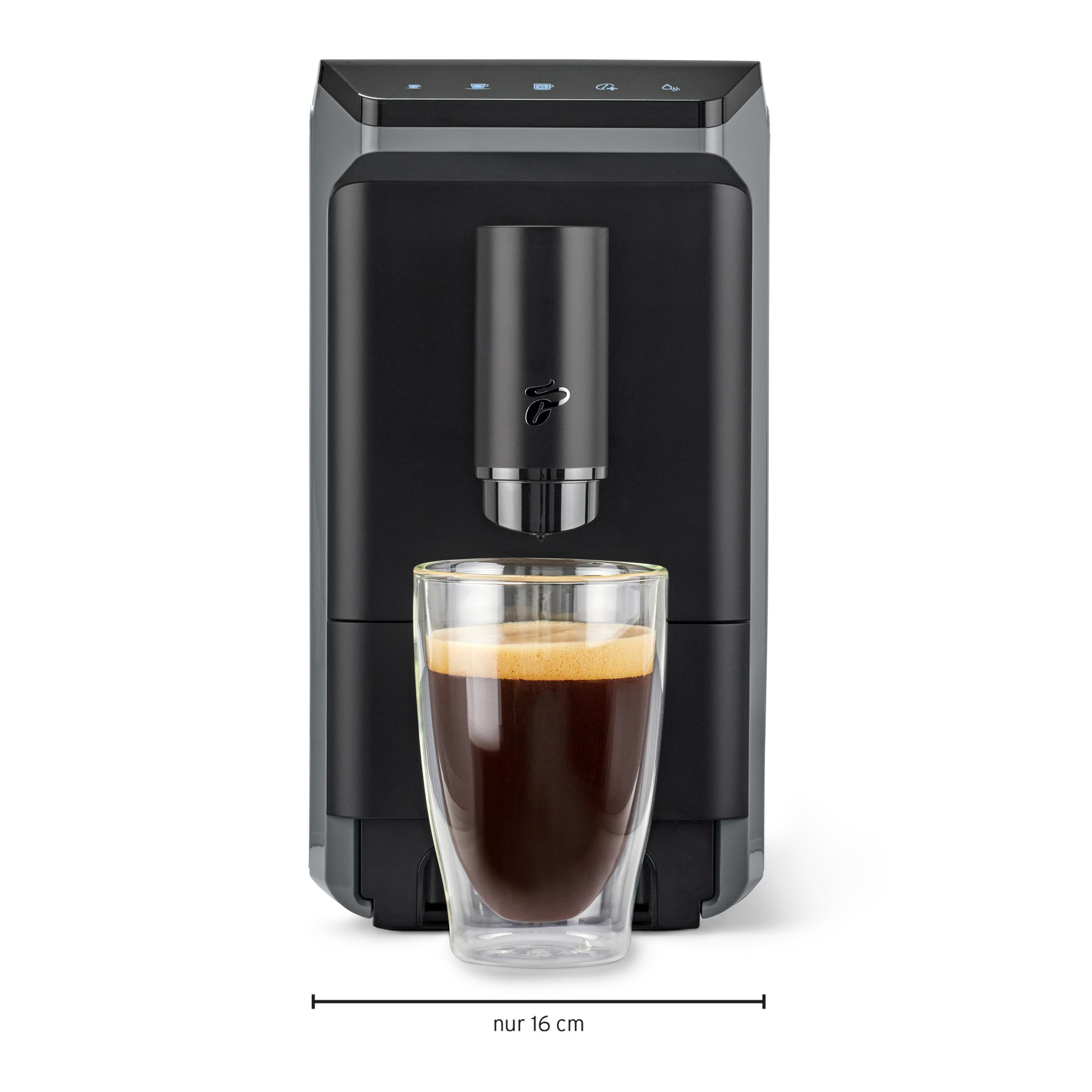 Eine Kaffeemaschine mit einem Glas Kaffee, Breite 16 cm.