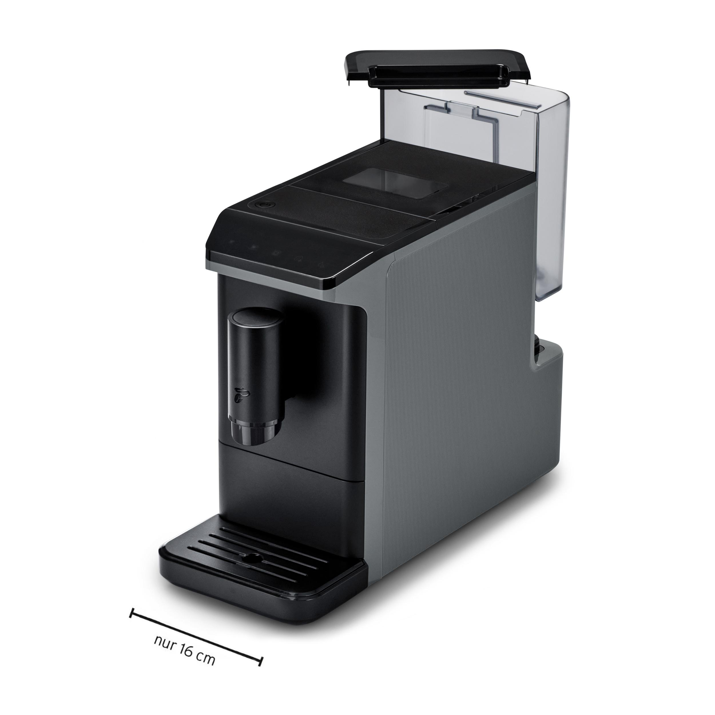 Graue Kaffeemaschine mit schwarzem Bedienfeld und Wassertank.